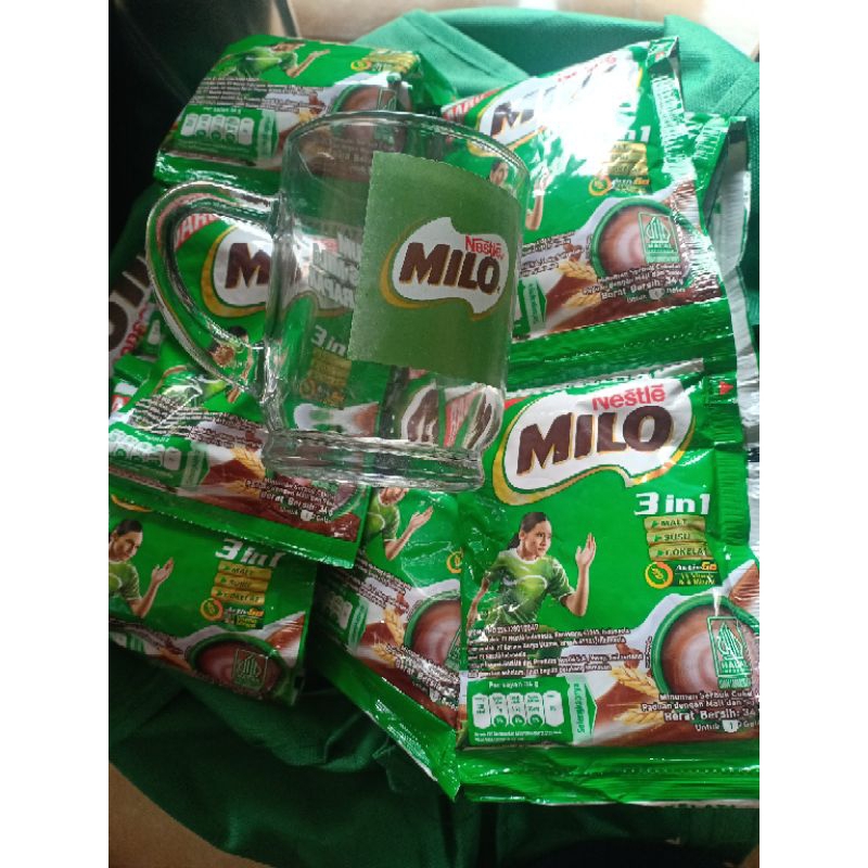 

Milo 3in1 34gram renceng( paket hemat 2 renceng free gelas)10x2 sachet