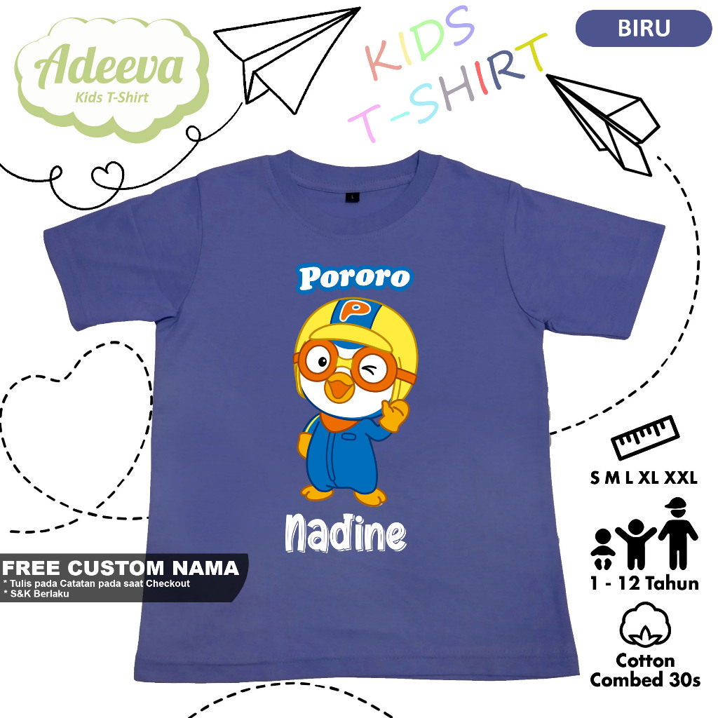 Kaos Anak Karakter Pororo Usia 1-12 Tahun Bisa Custom Nama Baju Pororo Anak