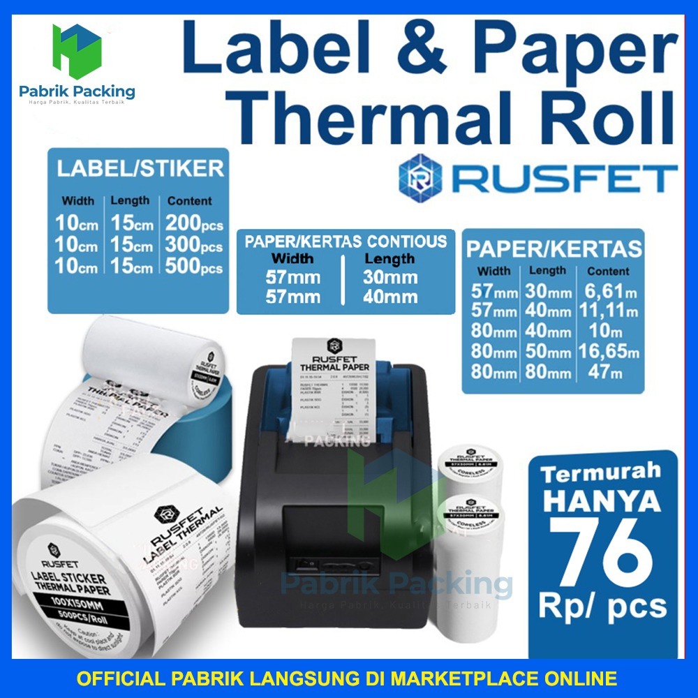 

Label Thermal Resi Barcode Stiker A6 100mm x 150mm Thermal Paper RUSFET TERMURAH
