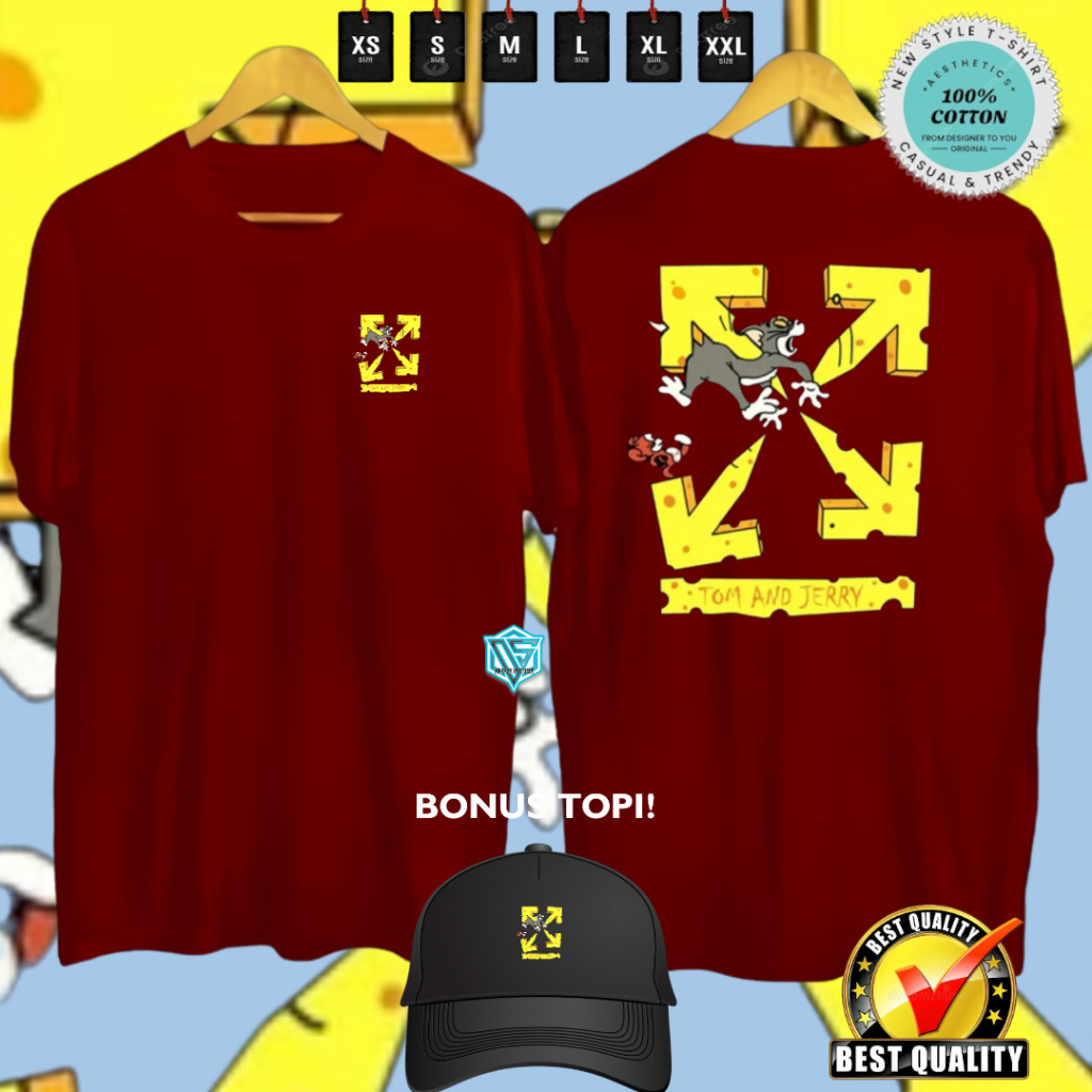 KAOS SABLON TOM AND JERRY X OFF WHITE SIMPEL TRENDY BAHAN ADEM BONUS TOPI JARING HITAM