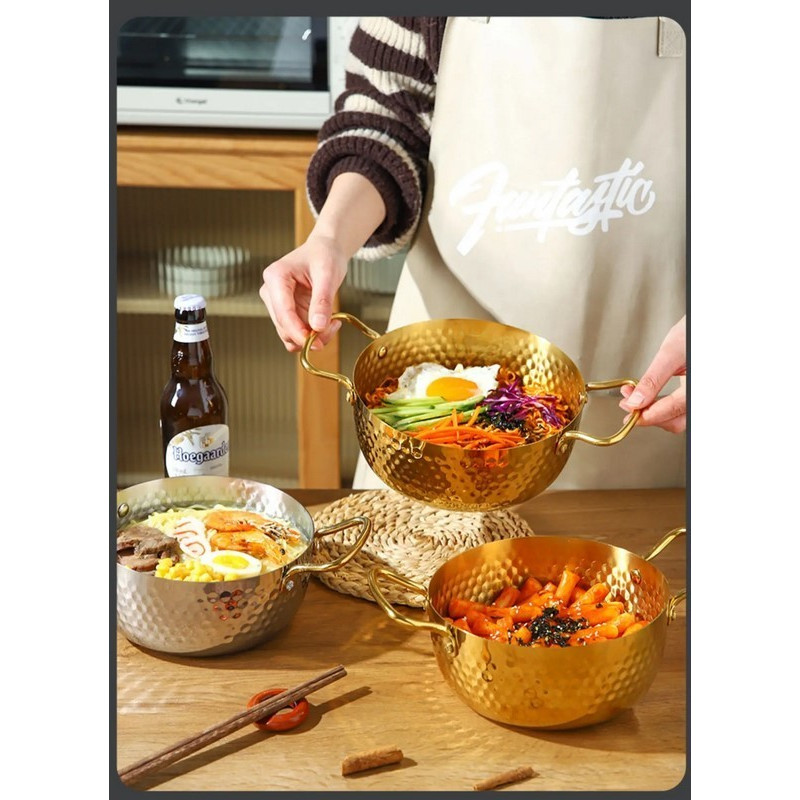 Panci Emas Emboss 18 20 22 cm Ramen Pot Golf Korea Stainless Steel Gold Cookware Alat Masak Serbagun