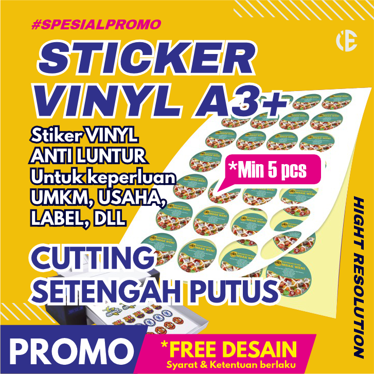 

STICKER VINYL Cutting Setengah Putus / STICKER KEMASAN / STICKER NAMA / STICKER LABEL / STICKER PRODUK UMKM / STICKER PRODUK/STICKER NAMA/STICKER KARAKTERUKURAN A3+