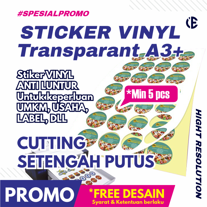 

STICKER VINYL Transparant Cutting Setengah Putus / STICKER KEMASAN / STICKER NAMA / STICKER LABEL / STICKER PRODUK UMKM A3+