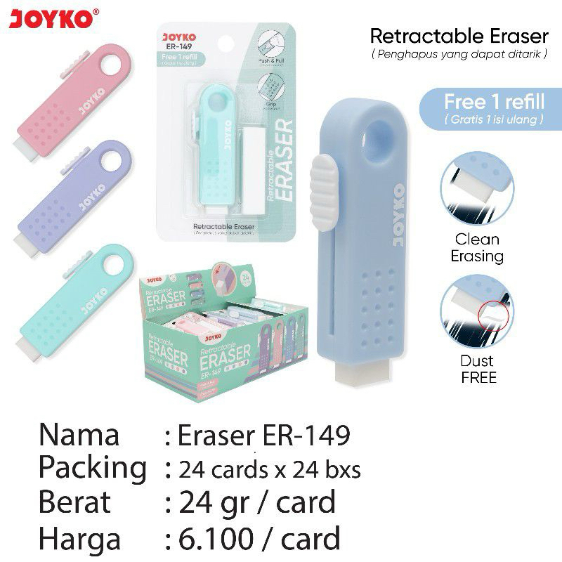 

( 1 pcs ) Joyko Eraser ER-149 Retractabel / Eraser ERT149 / Penghapus Cetrek Unik Murah Berkualitas