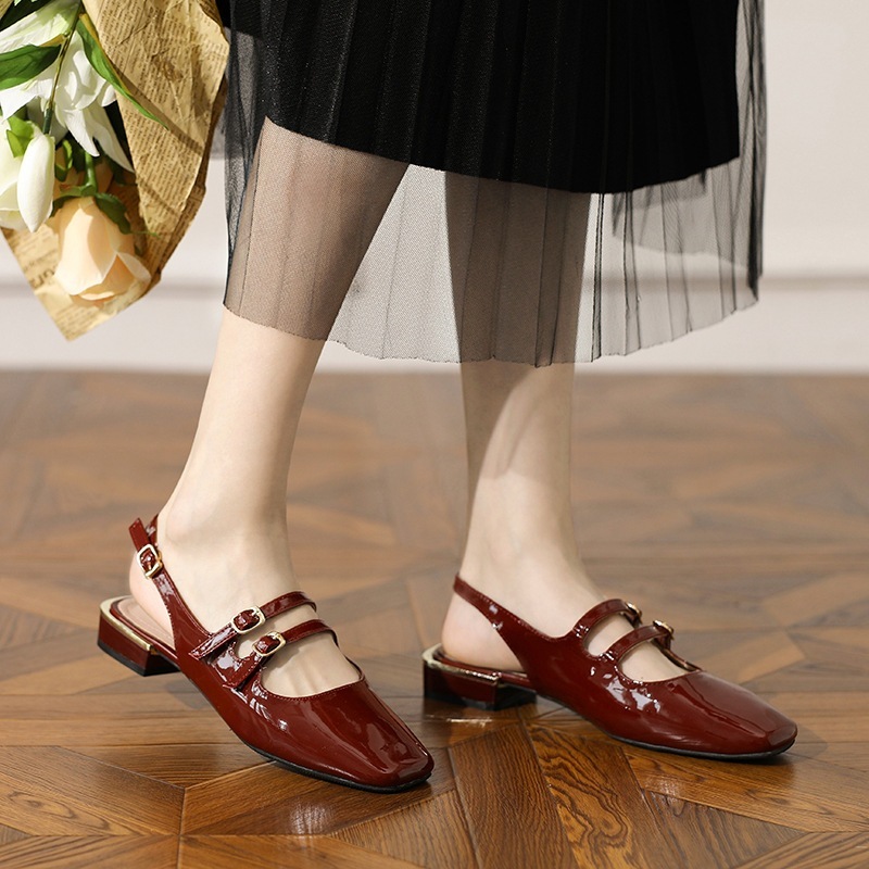 [COD & READY] Sepatu Slip On Mary Jane Sandal Maroon Black Korean Style Wanita Mules Sendal Remaja N