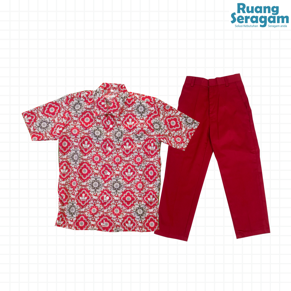 Seragam Batik Sekolah Dasar (SD) Motif Tunas Harapan Satu Set Celana Merah