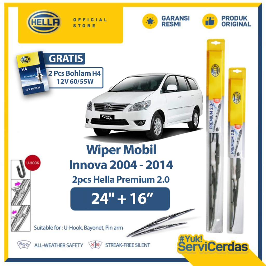 Wiper Mobil HELLA Premium 2.0 TOYOTA Innova 24” + 16” (2pcs) - Gratis Bohlam Mobil H4 12V 60/55W