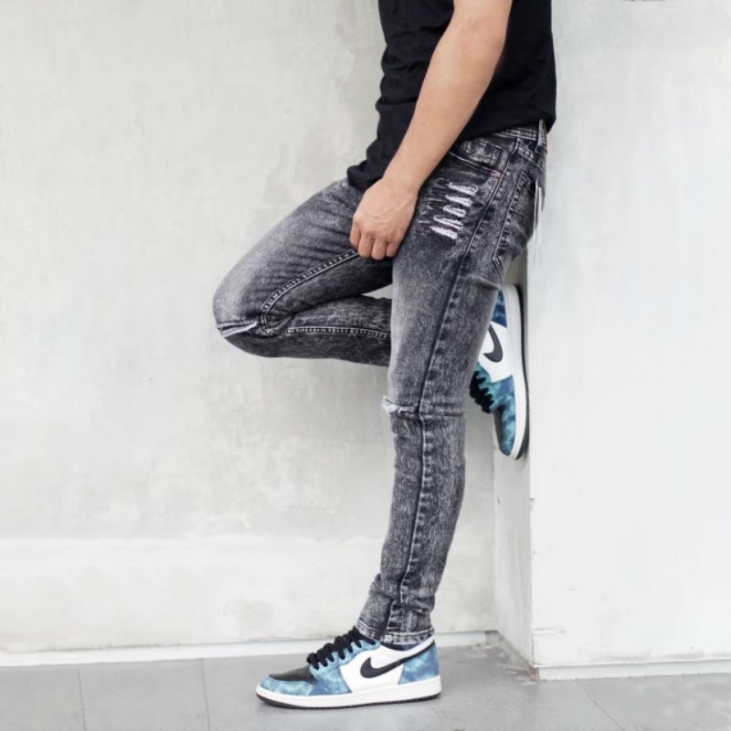 Black wash Bobochka Ripped Wash-Jeans  Celana Model Slim Fit