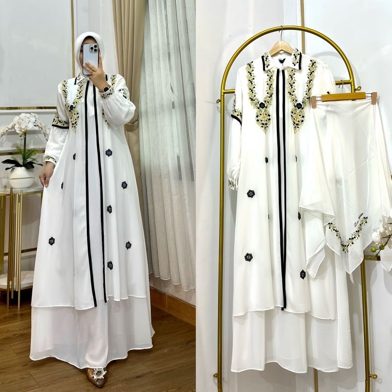 Gamis Set Hijab Premium Fauzana Series Dress Wanita Mewah Satu Sett Dengan Hijab Bahan Ceruti