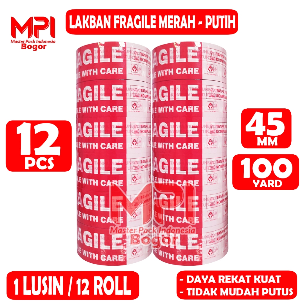 

1 Lusin / 12 PCS - Lakban Fragile Merah Putih 45 mm x 100 yard - Lakban Fragile UNBOXING - MPI Bogor