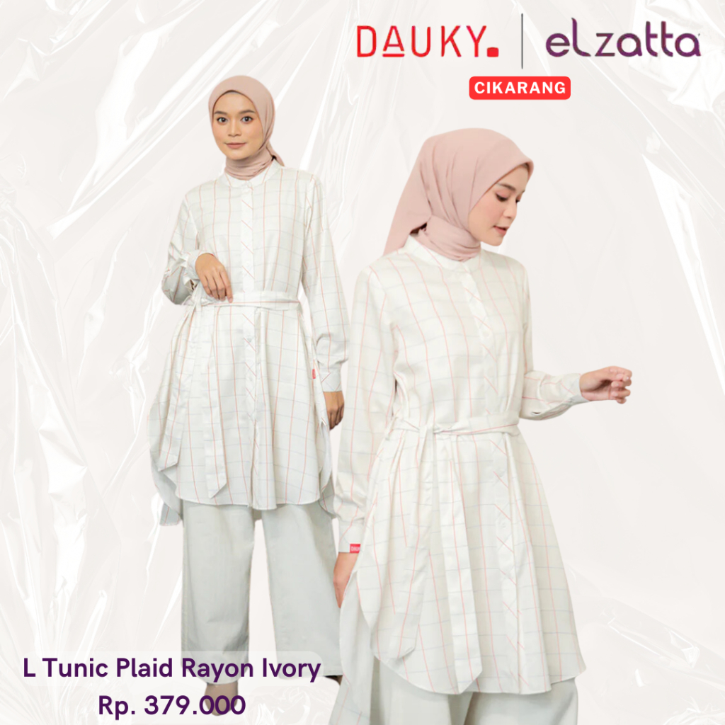 DAUKY L Tunic Plaid Rayon Ivory - Fashion Muslim Atasan Tunic Motif Baju Long Tunik Midi Dress Bahan