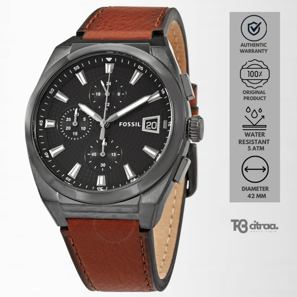 Jam Tangan Pria Fossil Everett Men Chronograph Black Dial Brown Leather Strap Casual Sporty Original
