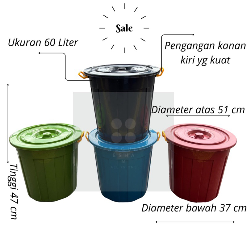 EMBER AIR PLASTIK + TUTUP 60 LITER WARNA / EMBER PLASTIK BESAR JUMBO / EMBER / BAK