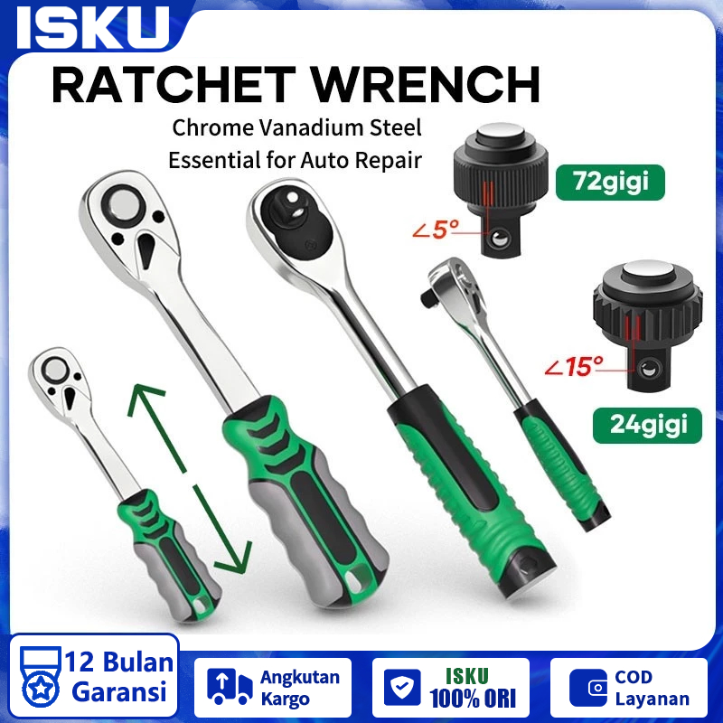 ISKU Gagang Rachet 1/2 72gigi Ratchet Gagang Kunci Sok Rachet 1/4 24gigi Kunci Shock Rachet 1/2 Ratc