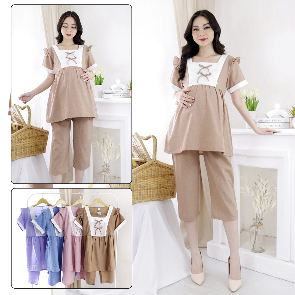 Baju Setelan Hamil Menyusui Model Korea Kekinian Bahan Katun Adem