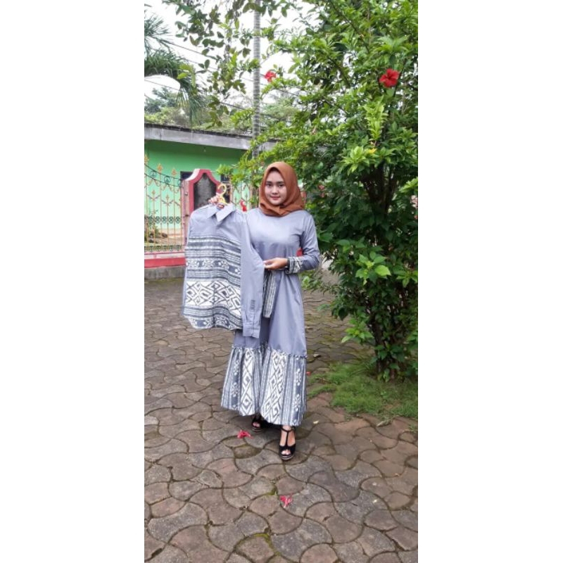gamis busana tenun etnik set dan hem pria tenun putih tulang trend custom