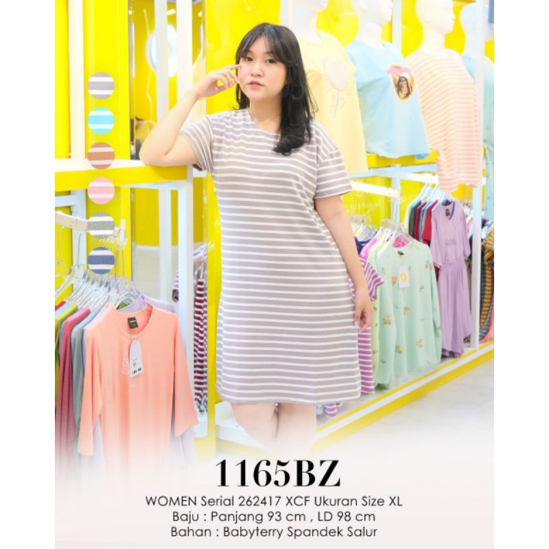 1165BZ Lemone Dress Wanita Ukuran XL daster babyterry kaos pendek motif salur garis garis