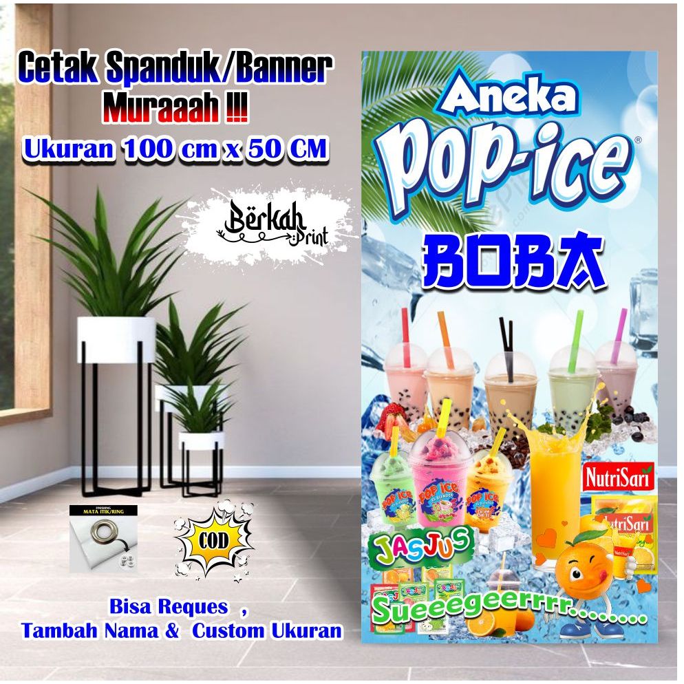Spanduk Banner Pop Ice & Boba Ukuran 50 cm x 100 cm