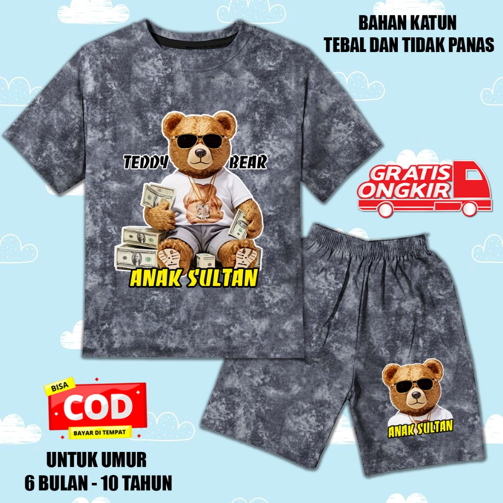Setelan denim jeans printing lengan pendek anak laki laki perempuan set kaos anak beruang anak sulta