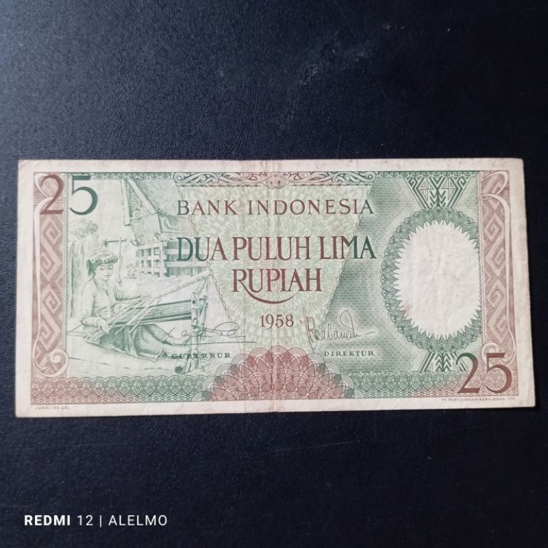 uang kertas kuno 25 rupiah pekerja tahun 1958 bekas asli