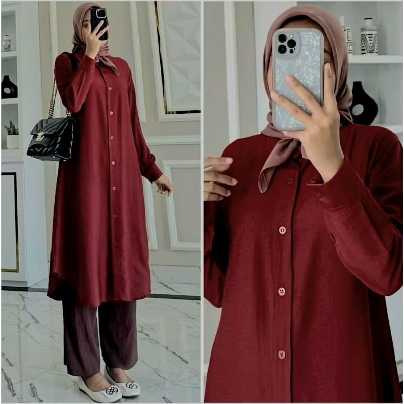 TERBARU atasan tunik polos wanita full kancing depan semi gamis wanita tunik suxexo terbaru