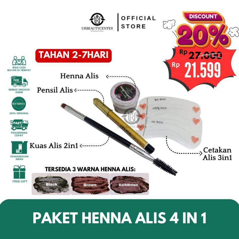 PAKET HENNA ALIS ISI 4 HALAL TAHAN 5-7HARI AMAN UNTUK SHOLAT