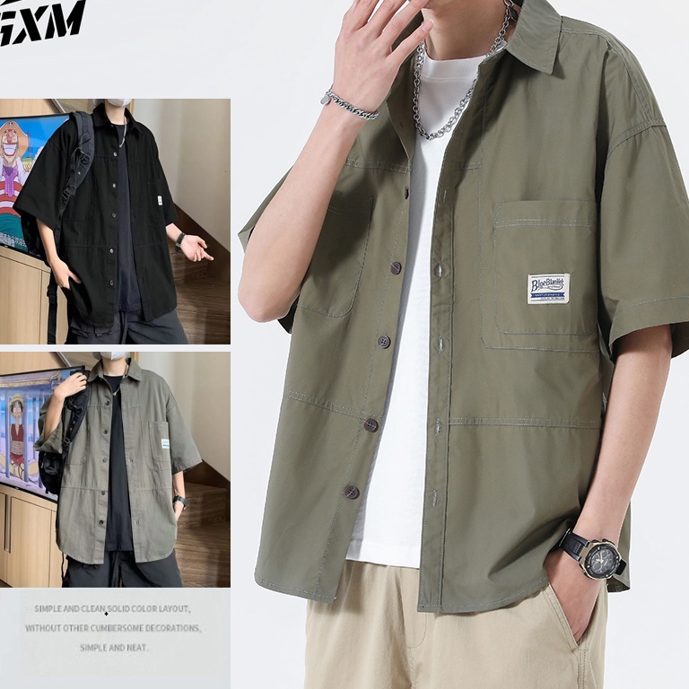 laris manis Kemeja pria Lengan Pendek oversize hijau kemeja hitam style Kemeja Polos Lengan Pendek t