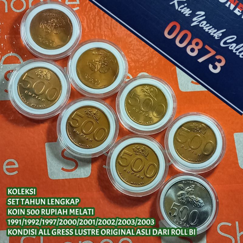 Uang Kuno Koin 500 Rupiah Melati Set Tahun Lengkap 1991-2003 Semua Koin Gress Baru Lustre Original D