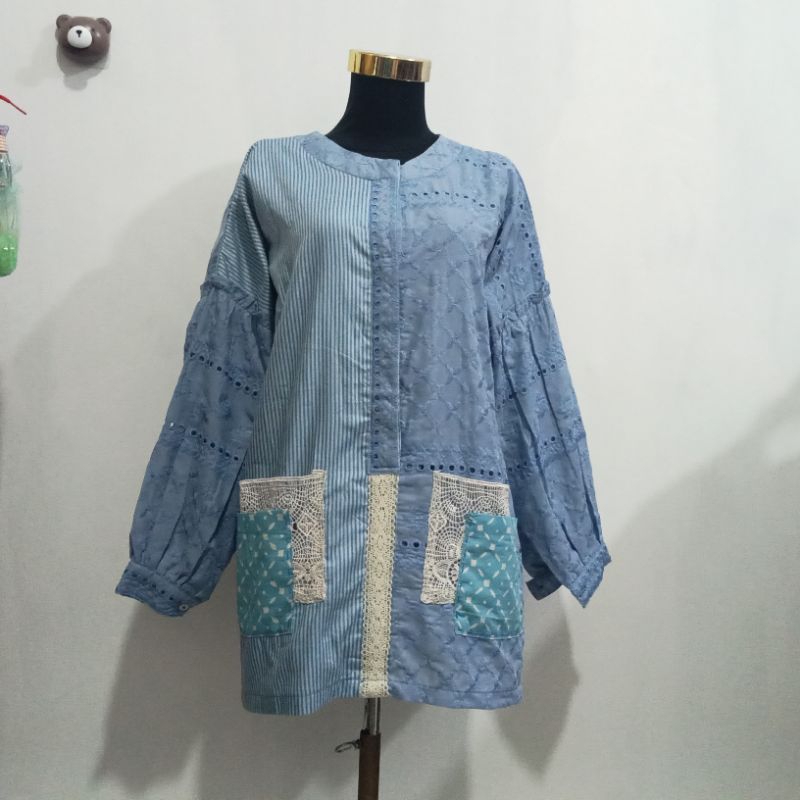 Blus Batik Wanita Lengan Panjang ukuran XXL kombinasi brokat premium