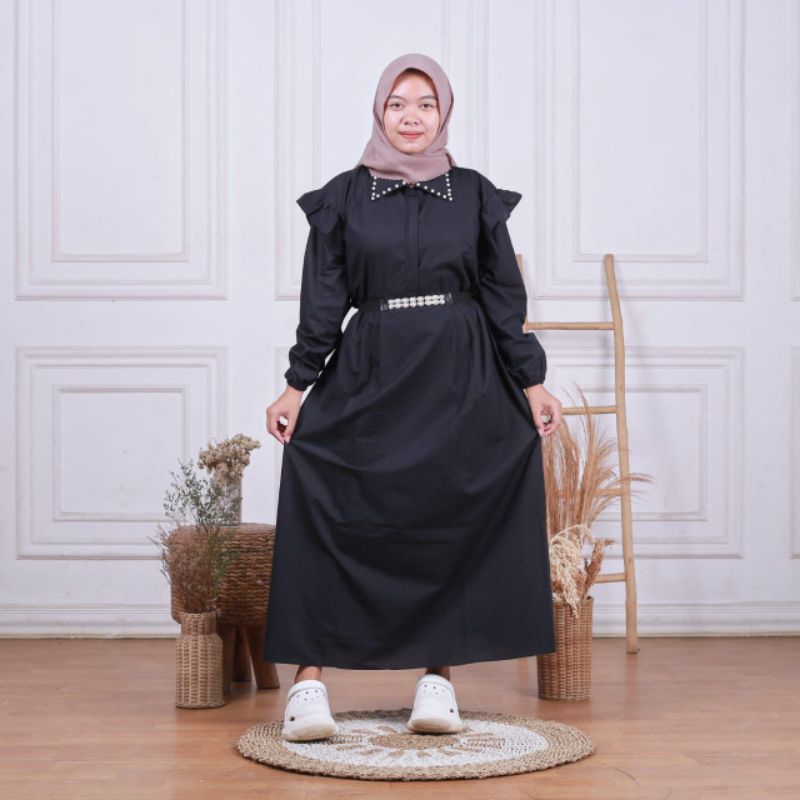DRESS MAWZA MUTIARA TRENDY GAMIS WANITA KERAH PAYET FREE BELT