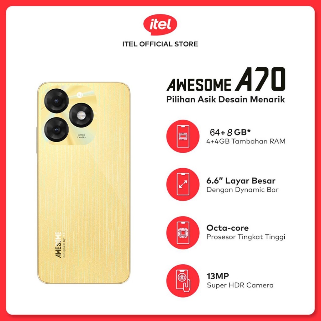 Itel A70 4+64GB / 128GB - 13MP Super HDR Camera - Big Screen with Dynamic Bar - 5000mAh Big Battery