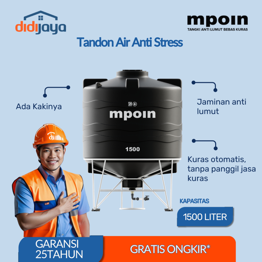 Toren Tandon Air MPOIN Drain 1500 Anti Bakteri | Tandon Air Anti Lumut | Garansi 25 Tahun