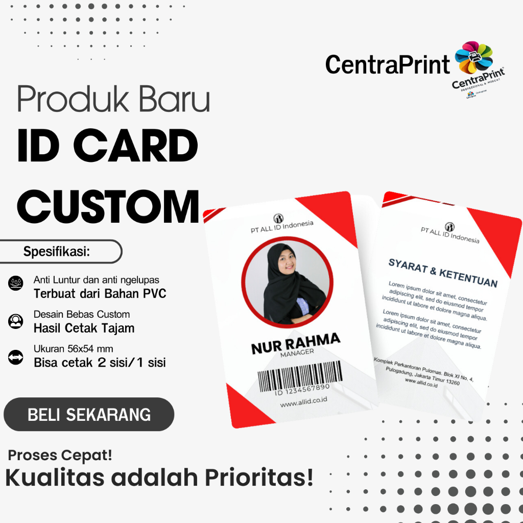 

Cetak ID Card Premium Foto Sesuai Keinginan Ukuran 86x54mm Ketebalan 0,9mm