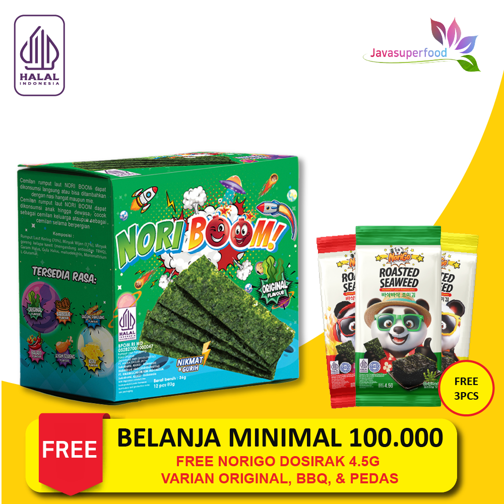 

NoriBoom (1 DUS ISI 60 PCS) / Nori Sachet Seaweed Snack 3g Rumput Laut [HALAL]