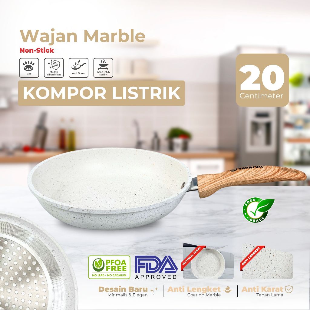 TAKAFULL Wajan Putih Mini 20cm Anti Lengket Alumunium dengan Lapisan Marble Coating Standar Eropa