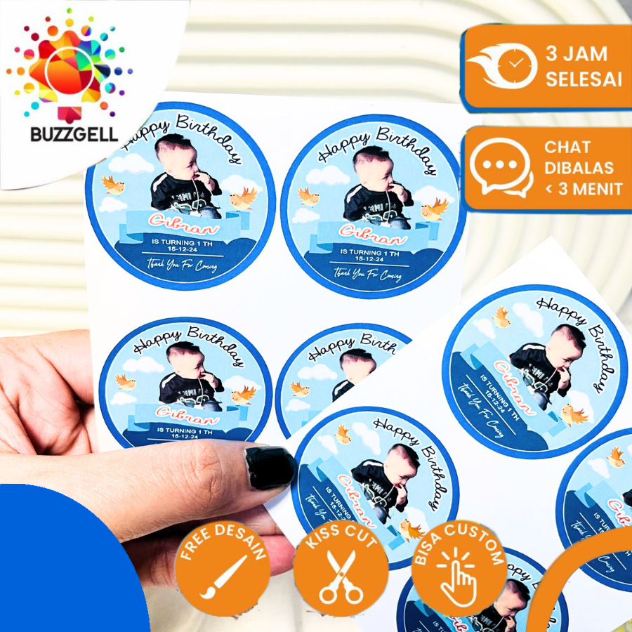 

5-8 Stiker Buzzgell Vinyl Ulang Tahun Anak Sticker Label Undangan Happy Birthday Uk.Sedang