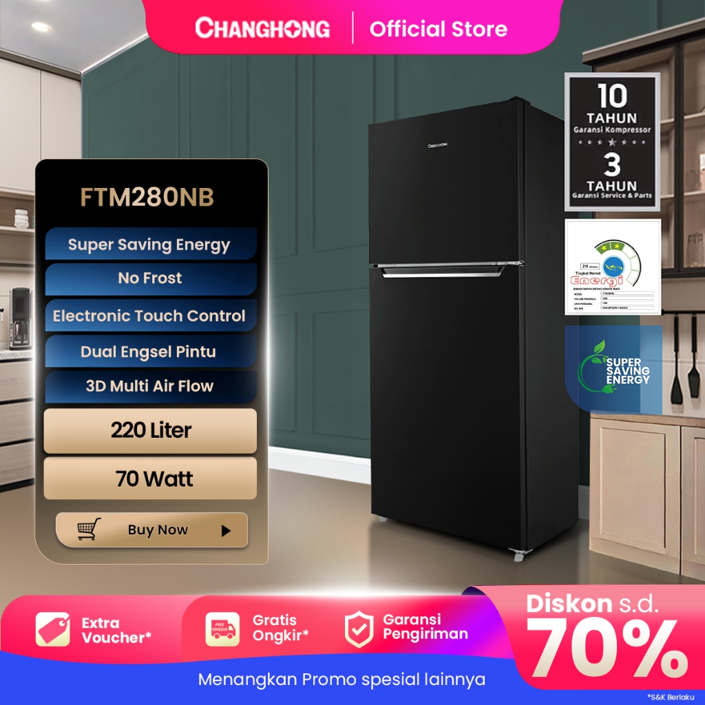 Changhong Kulkas 2 Pintu  (Refrigerator) Kulkas No Frost Tanpa Bunga Es Lemari Es Kapasitas 220 Lite