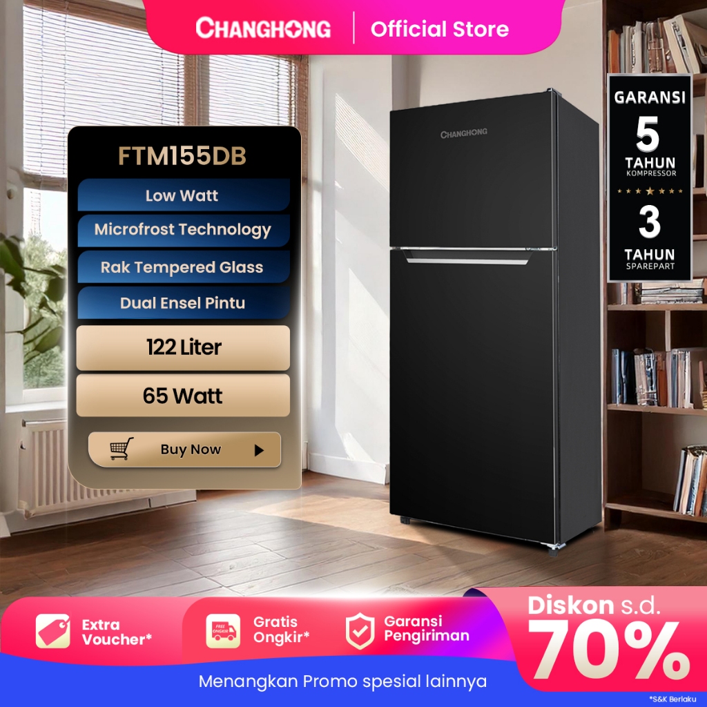 Changhong  Kulkas 2 Pintu  (Refrigerator) Lemari Es  Kapasitas 122 Liter FTM155DB Black (Semi Auto D