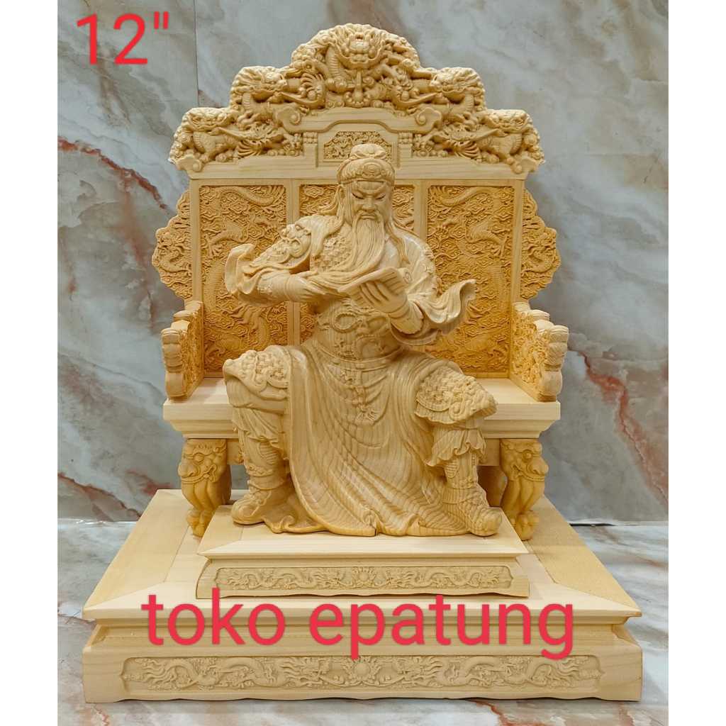 patung dewa kwan kong / kwan kung / guan yu / kwan te - 9 naga - 12 inch - kayu polos