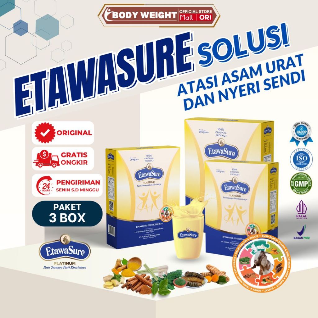

Susu Kambing Etawa Etawasure Platinum Untuk Mengatasi Nyeri Sendi dan Asam Urat Paket 3 Box