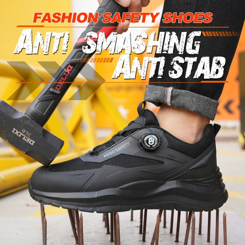 Sepatu AEISO model tali putar ringan hitam casual dan fashionable dengan extra perlindungan