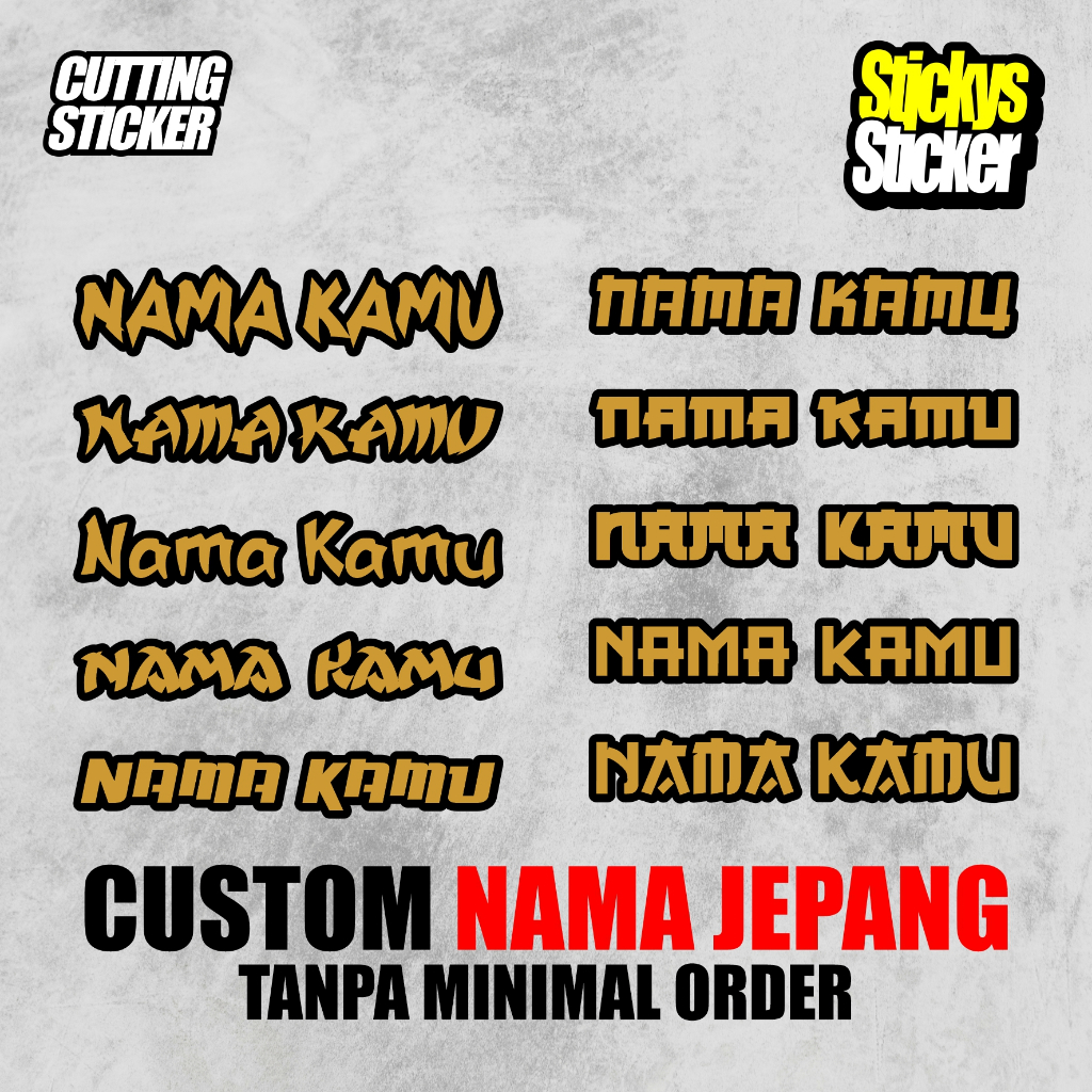 Stiker nama custom nama sendiri Stiker Cutting FONT JEPANG Gold List Hitam Custom - Tanpa Minimal Or