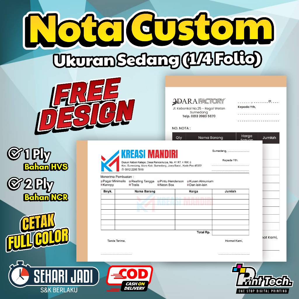 

Cetak Nota Custom Satuan 1ply 2ply Ukuran Sedang 1/4 Folio