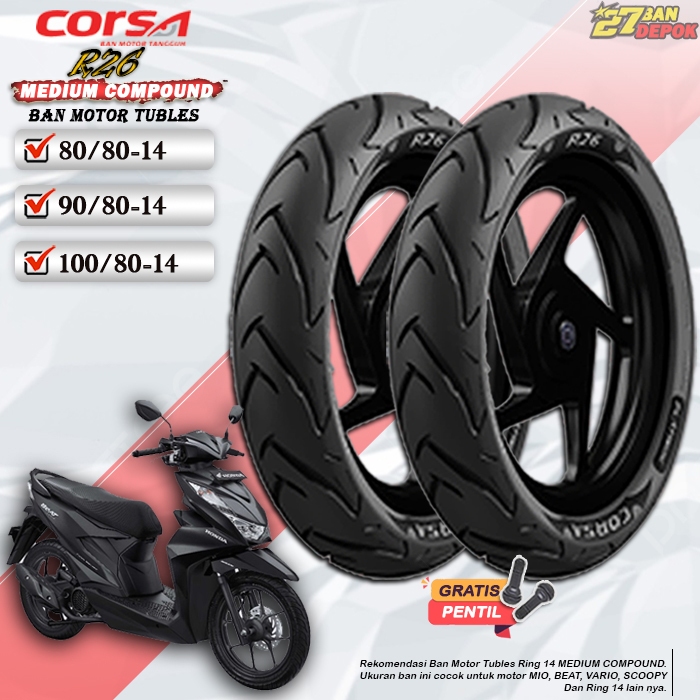 BAN MOTOR MATIC DEPAN BELAKANG CORSA R26 RING 14 BAN TUBLES BEAT VARIO SCOOPY AEROX RING 14