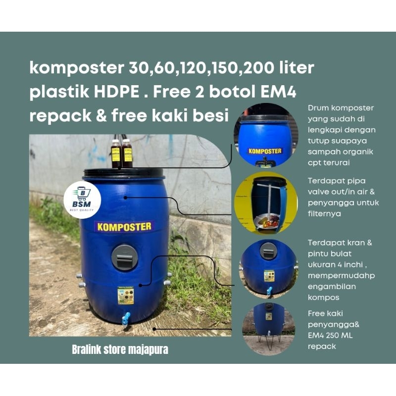 tong komposter/tong sampah organik/pupuk poc/drum komposter murah 30,60,120,150,200 liter HDPE lengk
