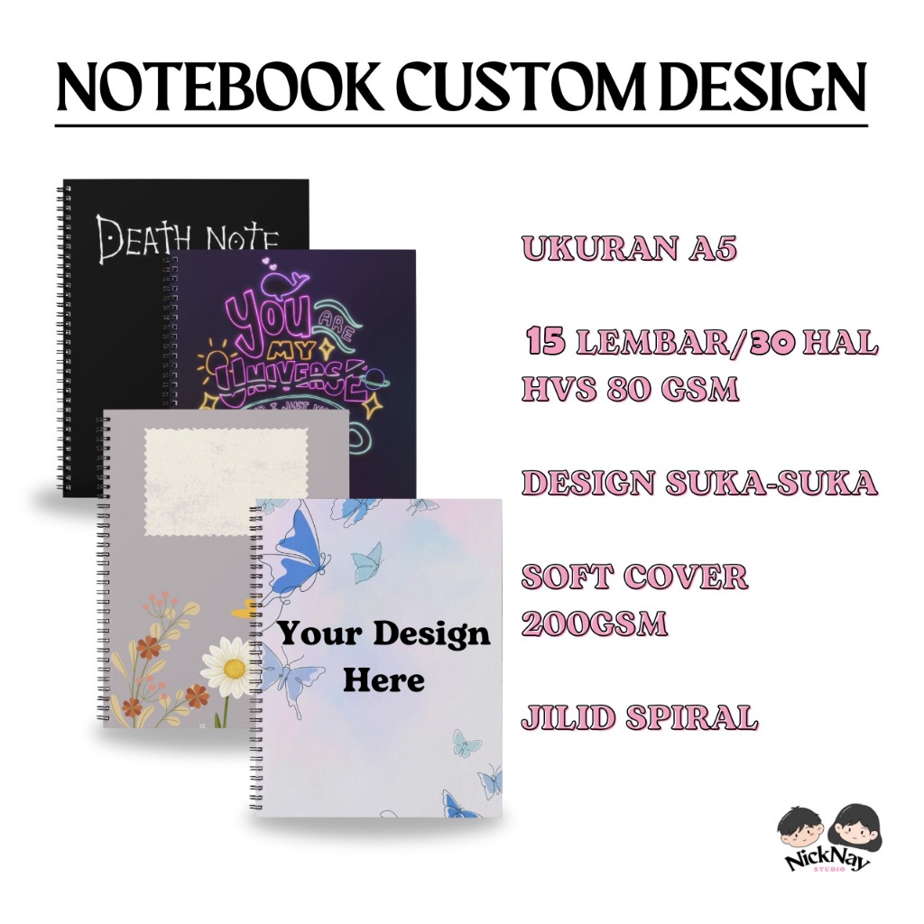 

NOTEBOOK CUSTOM | NOTEBOOK A5 CUSTOM | NOTEBOOK A5 | 15 LEMBAR | 30 HALAMAN | JILID SPIRAL | CETAK NOTEBOOK A5 | SOUVENIR NOTEBOOK | CUSTOM DESAIN | DOT | GRID | RULED | PLAIN | 80GSM