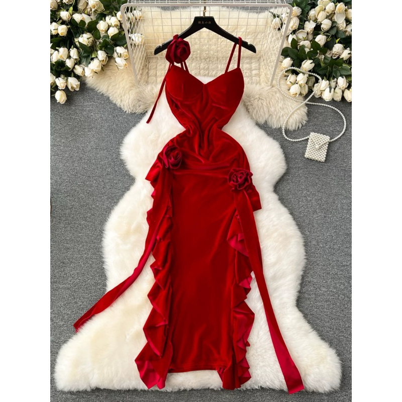 Dress wanita korea panjang bunga merah