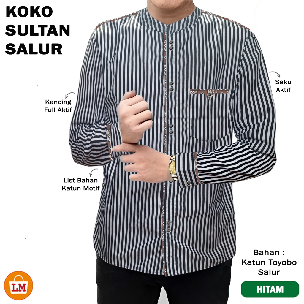 Baju Koko Muslim Garis Salur Hitam Putih Lengan Pendek Lengan Panjang Casual Ganjar Pranowo Atasan H