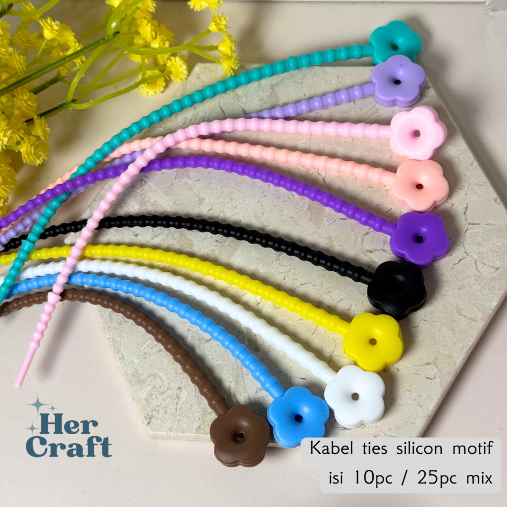 hercraft - cable ties silicon - motif bunga / kuromi - isi 10 / 25pc warna mix