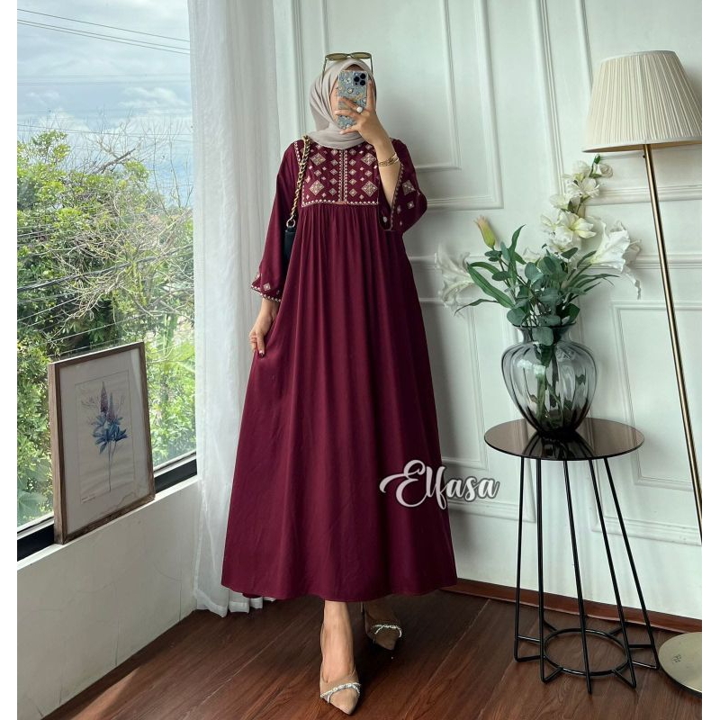 Midi Dress Jumbo Bigsize Rayon Twill Adem Bordir Kekinian